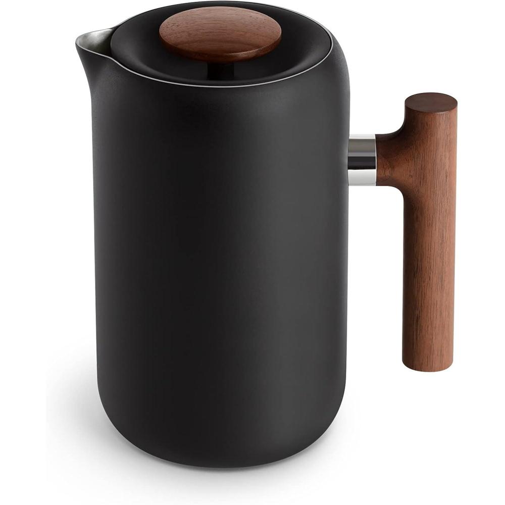 imageFellow Clara Insulated Coffee Maker with Enhanced Filtration System  Portable French Press Stainless Steel  24 oz Carafe  Matte BlackMatte Black with Walnut Accents