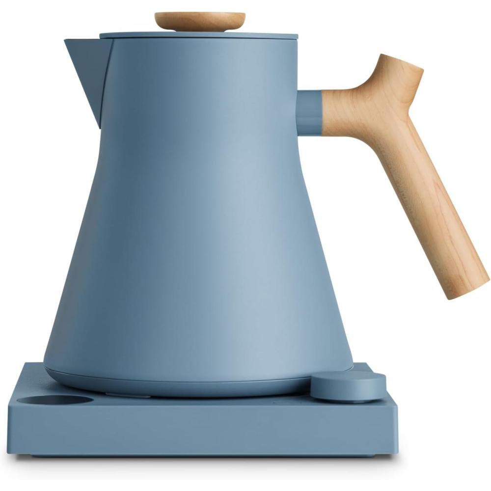 imageFellow Corvo EKG Pro Electric Tea Kettle  Quick Heating Precise Temperature Control Electric Kettle Scheduling Builtin Brew Timer for Boiling Water  Matte White with Maple Handle  09 LiterHazy Blue with Maple Handle  Lid Pull
