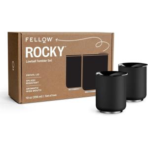Fellow 10 oz Rocky Lowball Tumbler – Insulated Stainless Steel Whiskey and Cocktail Tumbler with Ceramic Interior and Swivel Pebble Lid (Matte White)(Matte Black – Pack of 2)