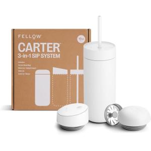 Fellow 16 oz Carter Bundle (3 in 1) Travel Mug with Slide-Lock, Move & Cold Lids with Straw – To-Go Coffee Tumbler, Ceramic Interior & Vacuum-Insulated Stainless Steel – Coffee Cups-Matte White