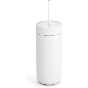 Fellow 16 oz Carter Cold Travel Mug for Water, Iced Tea, Coffee, Smoothies, Iced Coffee & more – Stainless Steel Vacuum-Insulated Iced Coffee tumbler with Spill Resistant lid and straw – Sand Dune(Matte White)