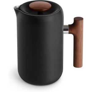 Fellow Clara Insulated Coffee Maker with Enhanced Filtration System – Portable French Press Stainless Steel – 24 oz Carafe – Matte Black(Matte Black with Walnut Accents)