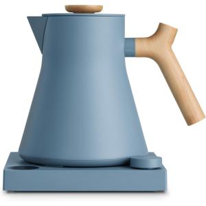 Fellow Corvo EKG Electric Tea Kettle-Electric Pour Over Coffee and Tea Pot-Quick Heating Electric Kettles-Temperature Control & Built-In Brew Timer-Matte White with Maple Handle-0.9 Liter(Hazy Blue with Maple Handle + Lid Pull)