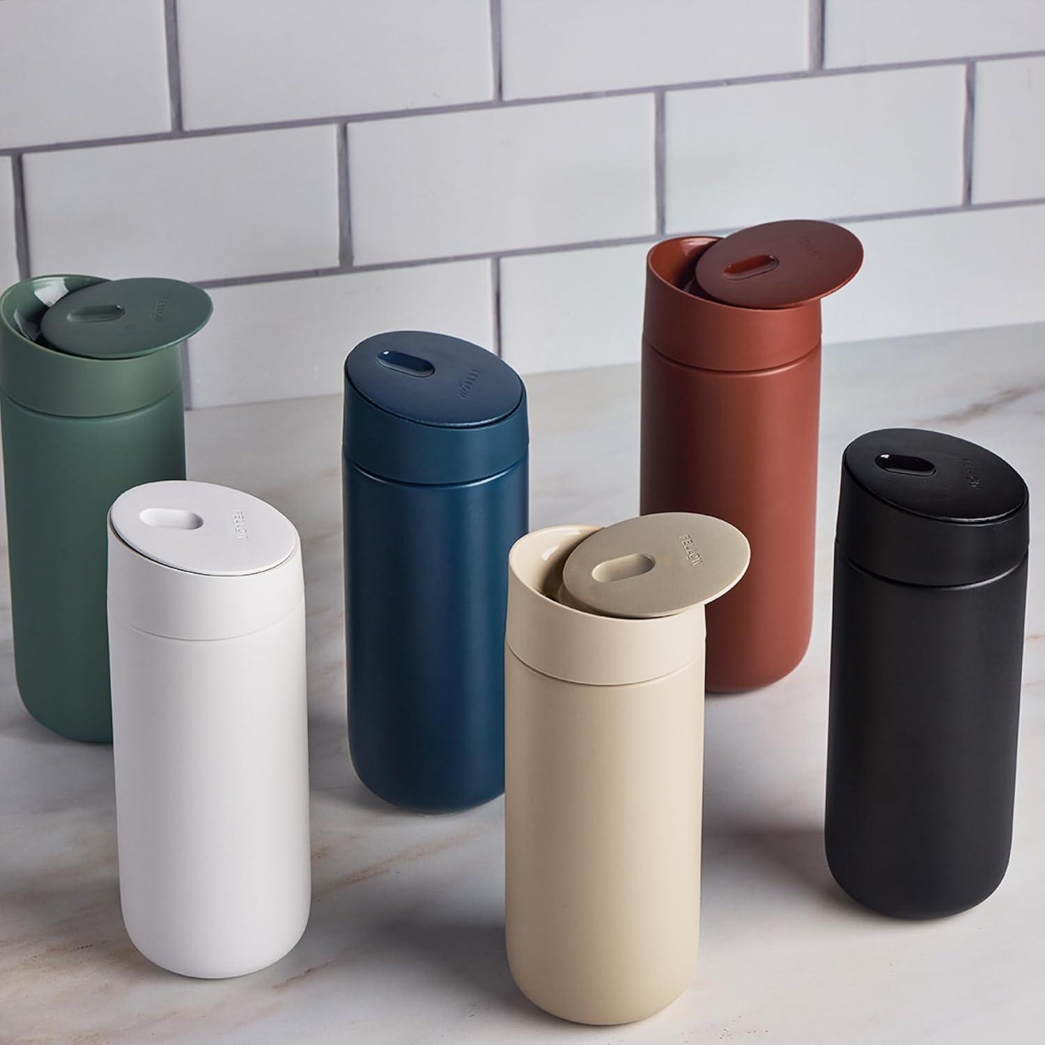 imageFellow 12 oz Carter Slide Travel Coffee Mug with SlideLock lid Leak Proof ToGo Coffee Tumbler with Ceramic Interior and VacuumInsulated Stainless Steel Coffee Cups Matte BlackSand Dune