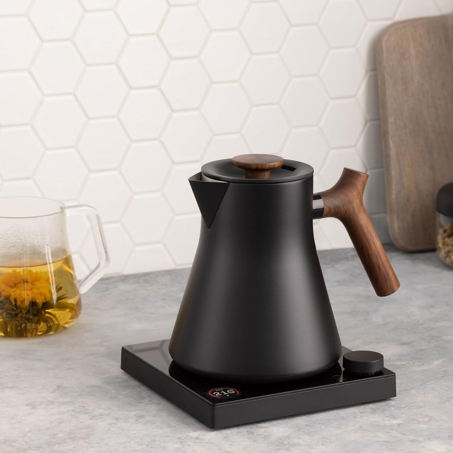imageFellow Corvo EKG Electric Tea Kettle Electric Pour Over Coffee and Tea Pot Quick Heating Electric Kettles for Boiling Water Temperature Control and BuiltIn Brew TimerMatte Black09 LiterMatte Black with Walnut Handle