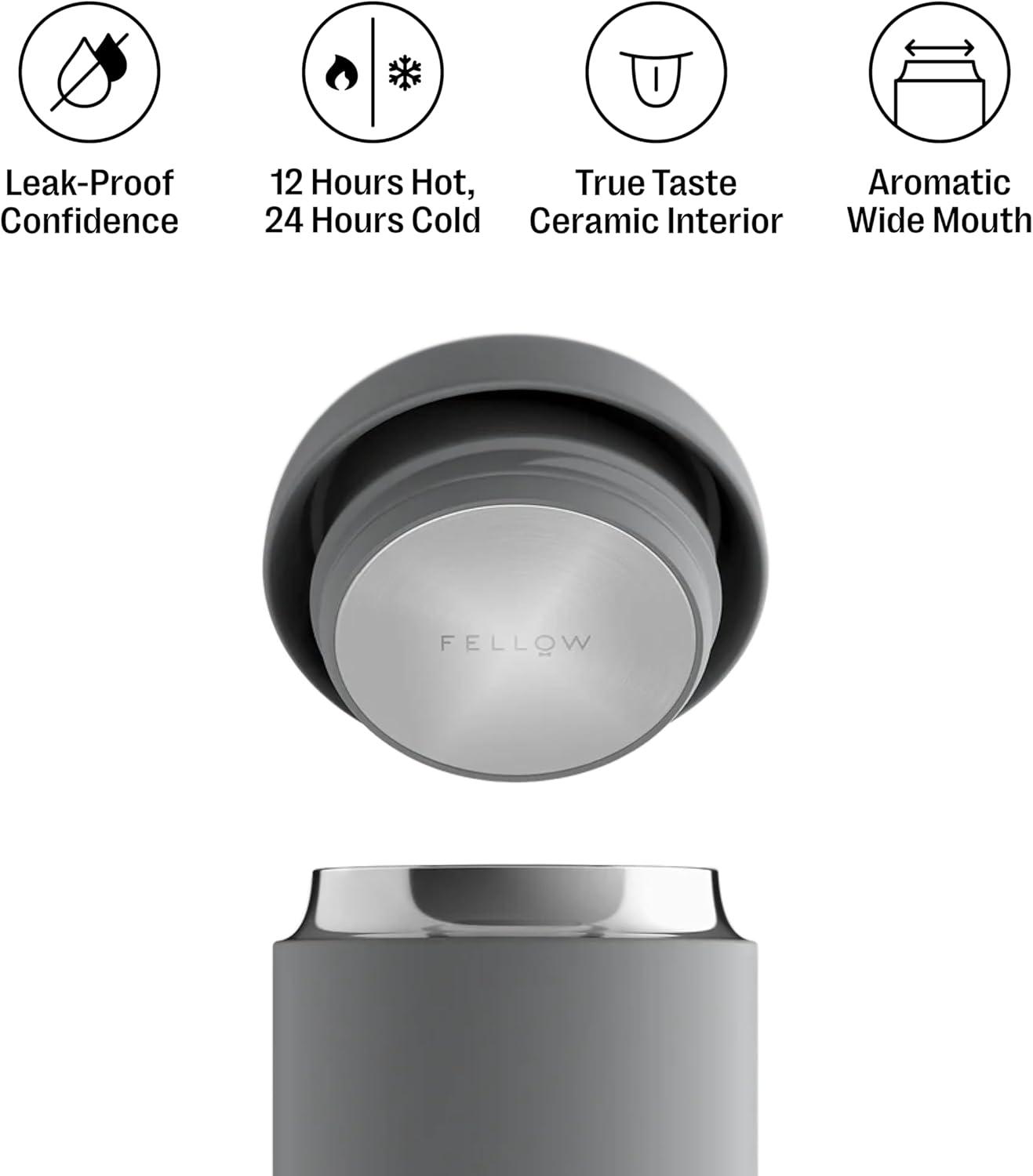 imageFellow 12 oz Carter Wide Travel Mug Wide Mouth VacuumInsulated Stainless Steel Coffee Mug Tea and Coffee Tumbler Travel Coffee Mug with Ceramic Interior Matte GreyMatte Grey