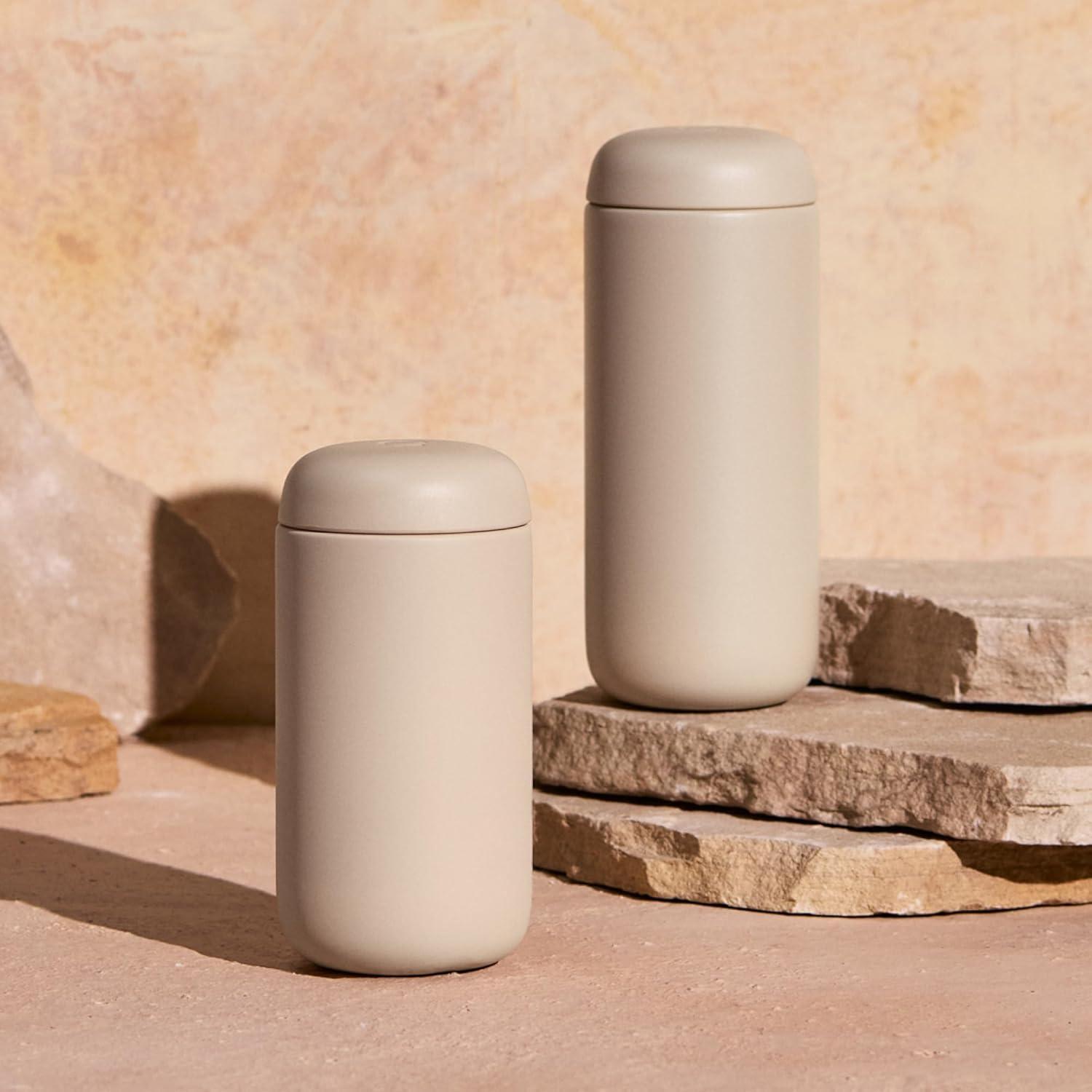 imageFellow 8 oz Carter Move Travel Mug VacuumInsulated Stainless Steel Travel Coffee Mug Coffee Tumbler with Ceramic Interior and Splash Guard Matte GreySand Dune