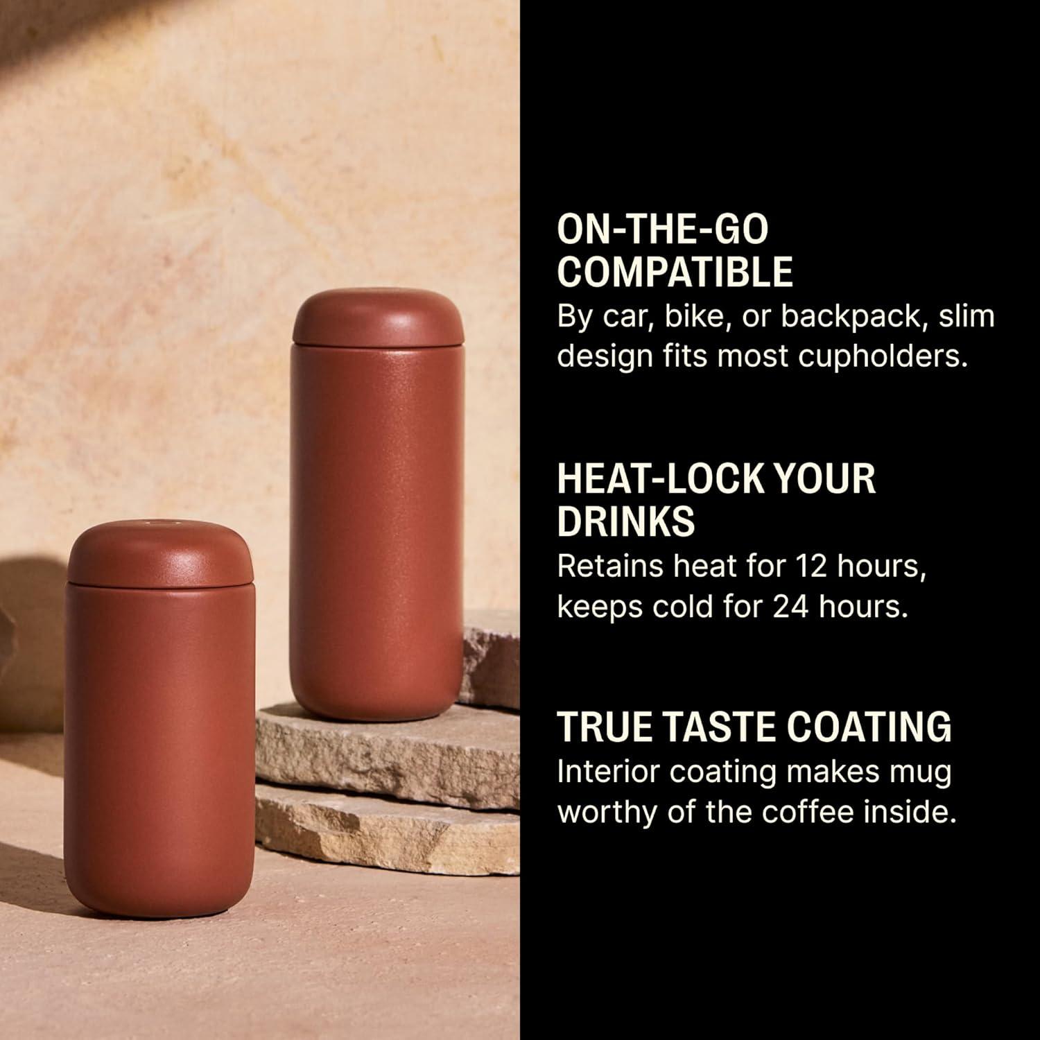 imageFellow 8 oz Carter Move Travel Mug VacuumInsulated Stainless Steel Travel Coffee Mug Coffee Tumbler with Ceramic Interior and Splash Guard Matte GreySienna