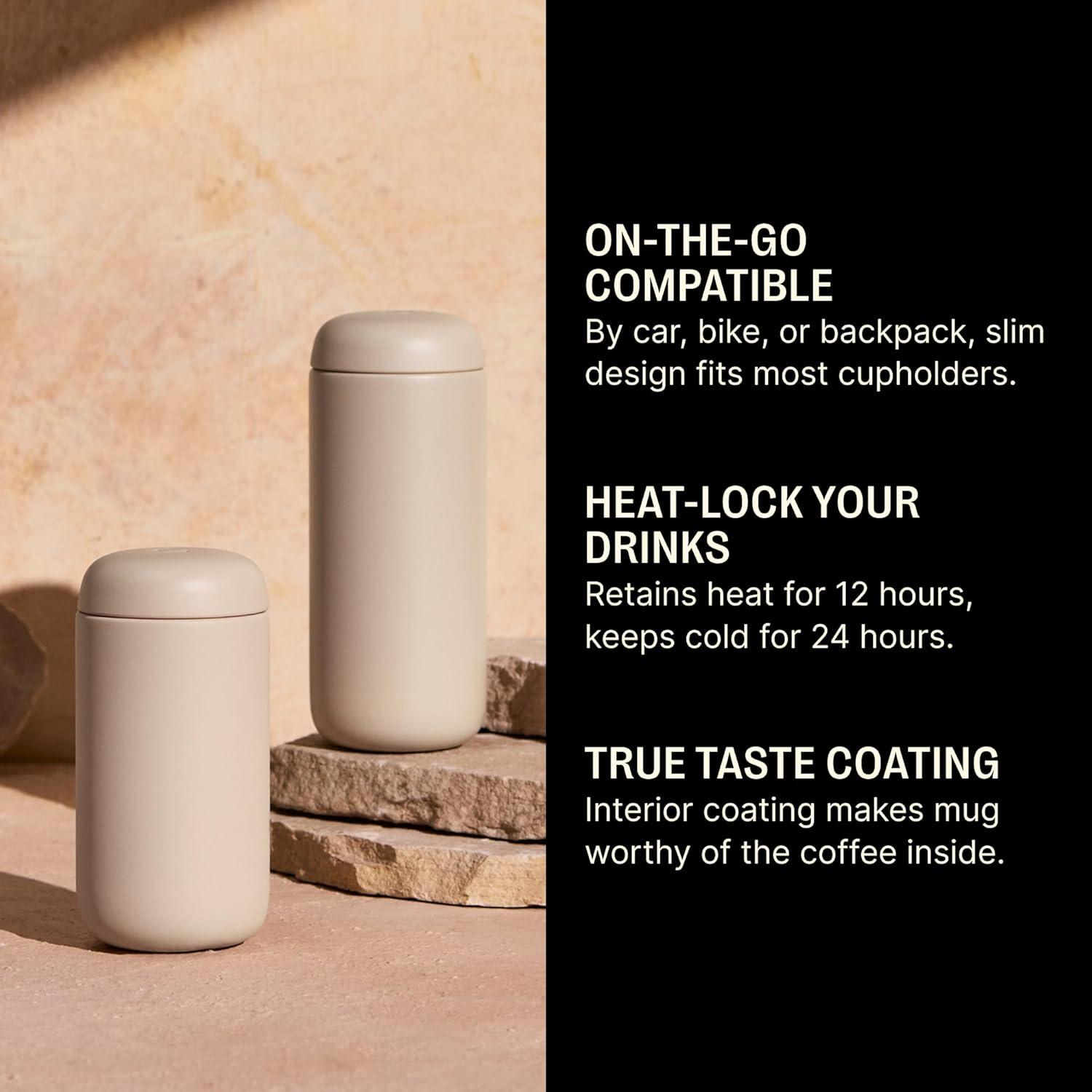 imageFellow 8 oz Carter Move Travel Mug VacuumInsulated Stainless Steel Travel Coffee Mug Coffee Tumbler with Ceramic Interior and Splash Guard Matte GreySand Dune