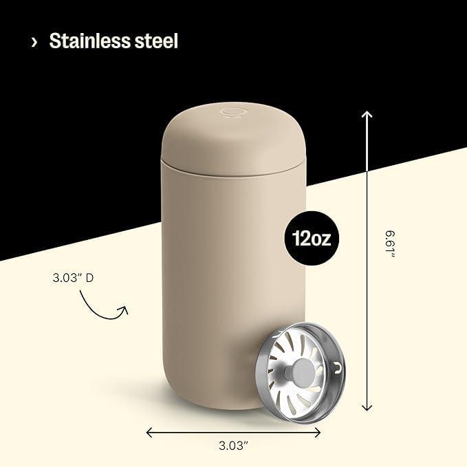 imageFellow 8 oz Carter Move Travel Mug VacuumInsulated Stainless Steel Travel Coffee Mug Coffee Tumbler with Ceramic Interior and Splash Guard Matte GreySand Dune