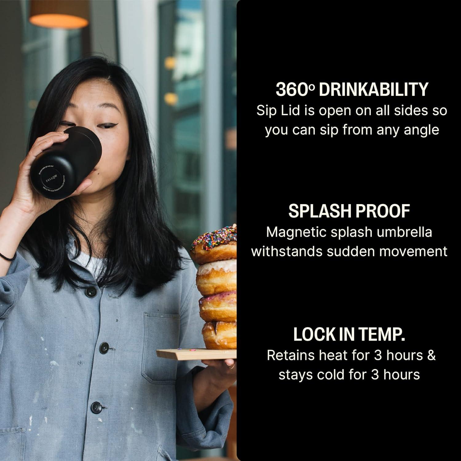 imageFellow Carter Move Mug with 360 Sip Lid  Open Top Coffee ToGo Tumbler with Ceramic Interior VacuumInsulated Stainless Steel Matte Black 8 oz CupMatte Black