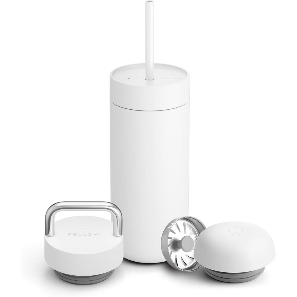 imageFellow 16 oz Carter Bundle 3 in 1 Travel Mug with Carry Handle Move ampamp Cold Lids with Straw  ToGo Coffee Tumbler Ceramic Interior ampamp VacuumInsulated Stainless Steel  Coffee CupsMatte BlackMatte White