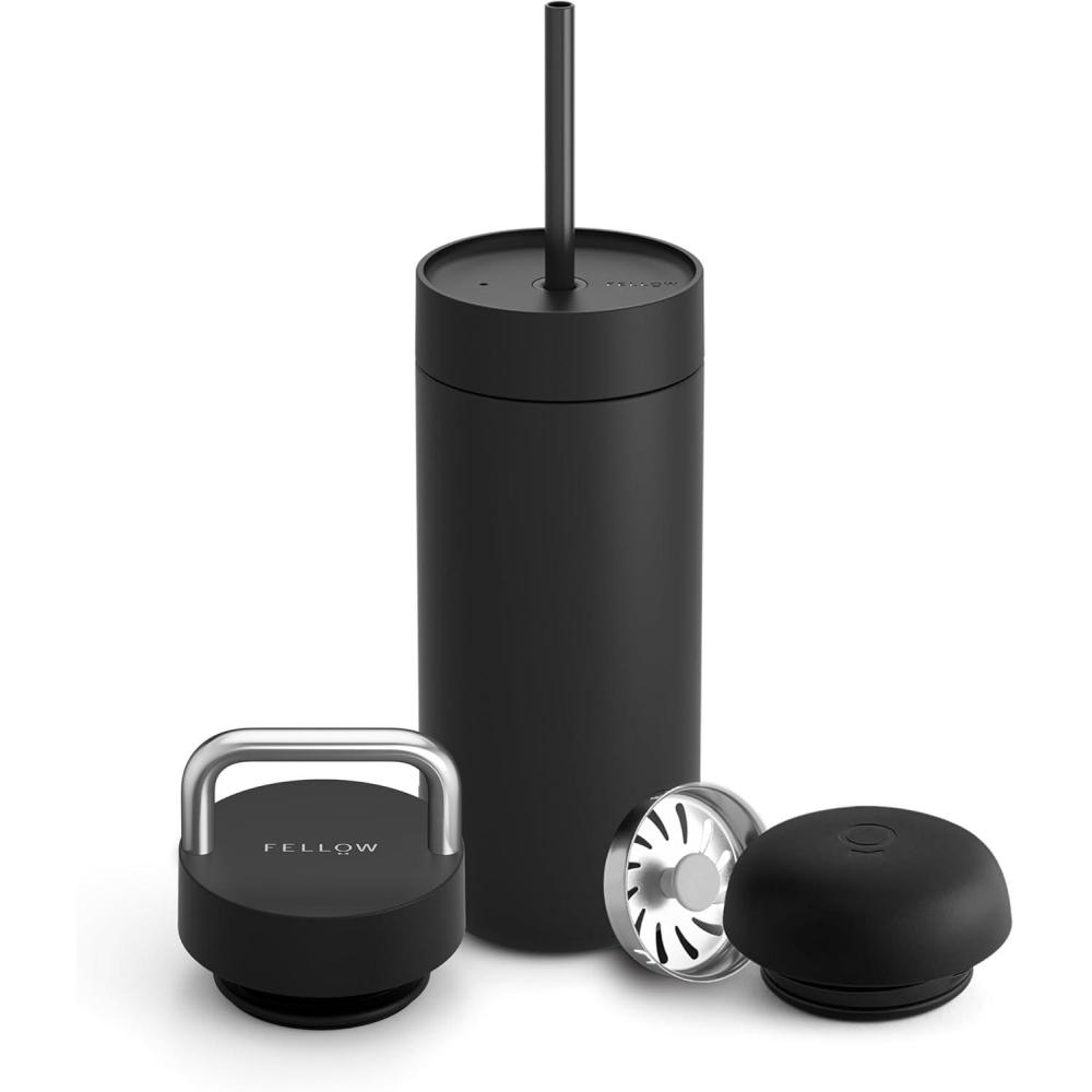 imageFellow 16 oz Carter Bundle 3 in 1 Travel Mug with Carry Handle Move ampamp Cold Lids with Straw  ToGo Coffee Tumbler Ceramic Interior ampamp VacuumInsulated Stainless Steel  Coffee CupsMatte BlackMatte Black