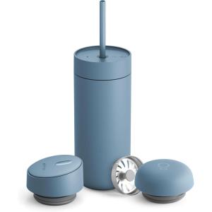Fellow 16 oz Carter Bundle (3 in 1) Travel Mug with Carry Handle, Move & Cold Lids with Straw – To-Go Coffee Tumbler, Ceramic Interior & Vacuum-Insulated Stainless Steel – Coffee Cups-Matte Black(Hazy Blue)