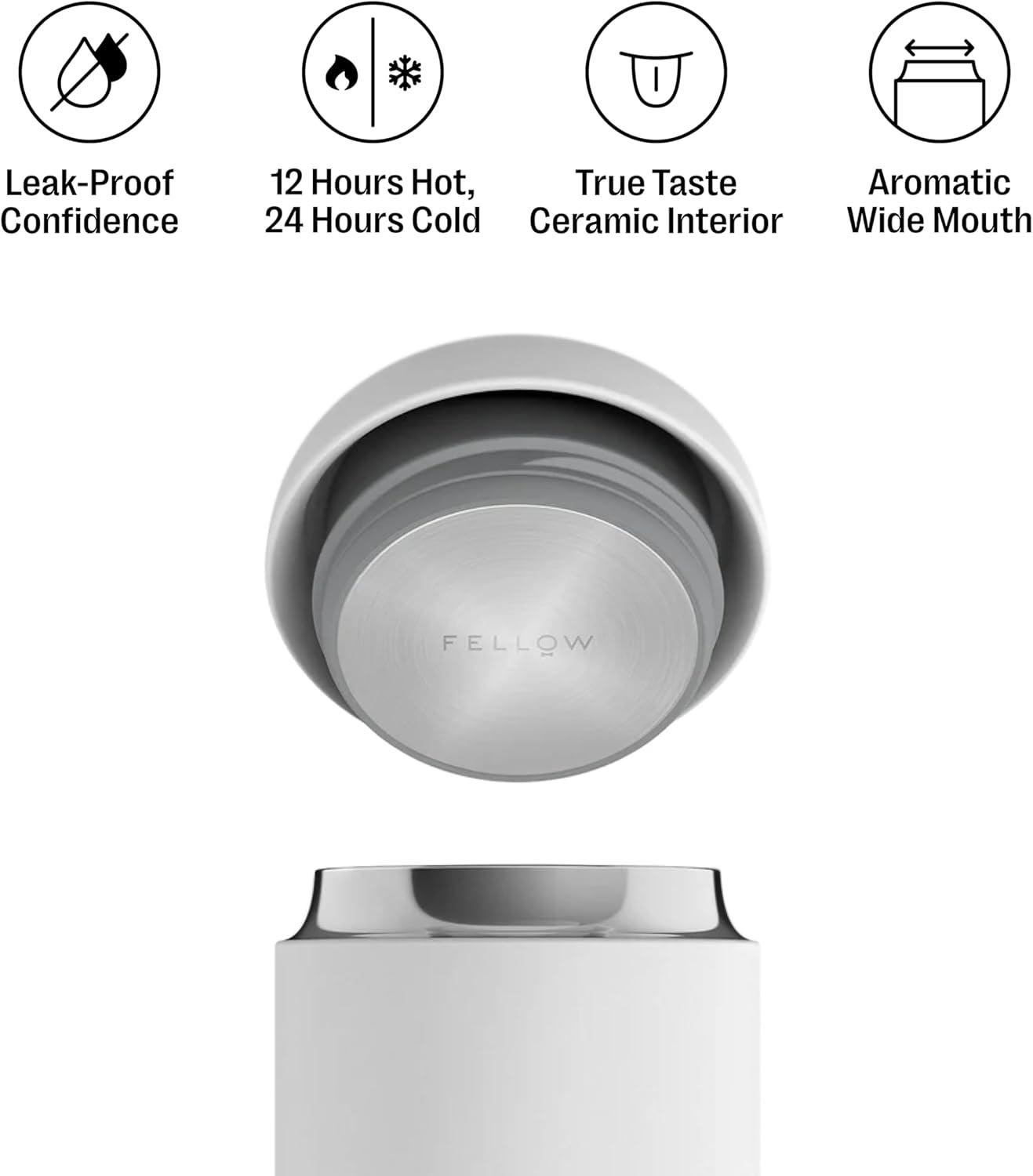 imageFellow 16 oz Carter Wide Travel Mug Wide Mouth VacuumInsulated Stainless Steel Tea and Coffee Tumbler Travel Coffee Mug with Ceramic Interior Slate GreyMatte White