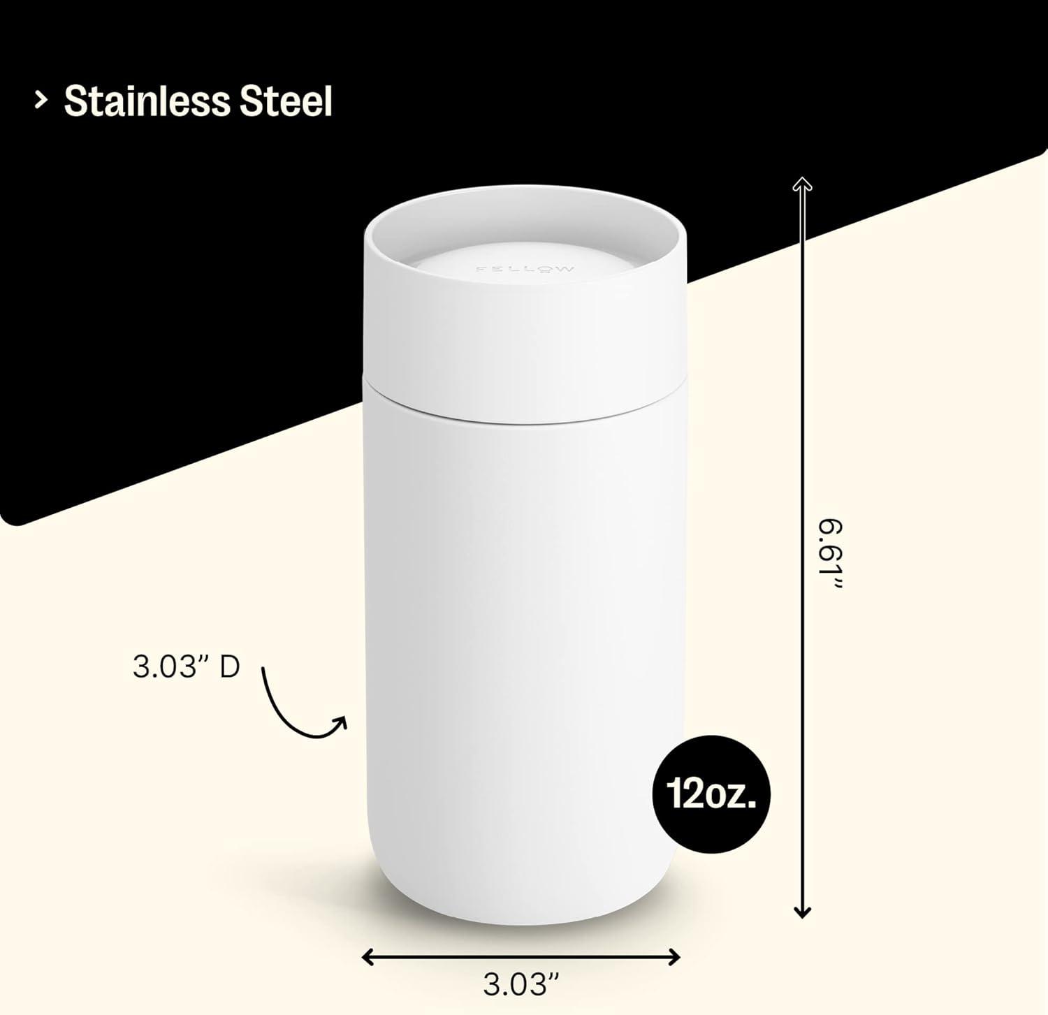 imageFellow Carter Move Mug with 360 Sip Lid Open Top Coffee ToGo Tumbler with Ceramic Interior VacuumInsulated Stainless Steel Matte White 12 oz Cup