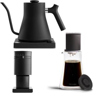 Fellow Matte Black Coffee Lover’s Ultimate Bundle Stagg EKG Electric Gooseneck Kettle, Stagg [XF] Pour-Over Coffee Maker Set Opus Conical Burr Coffee Grinder