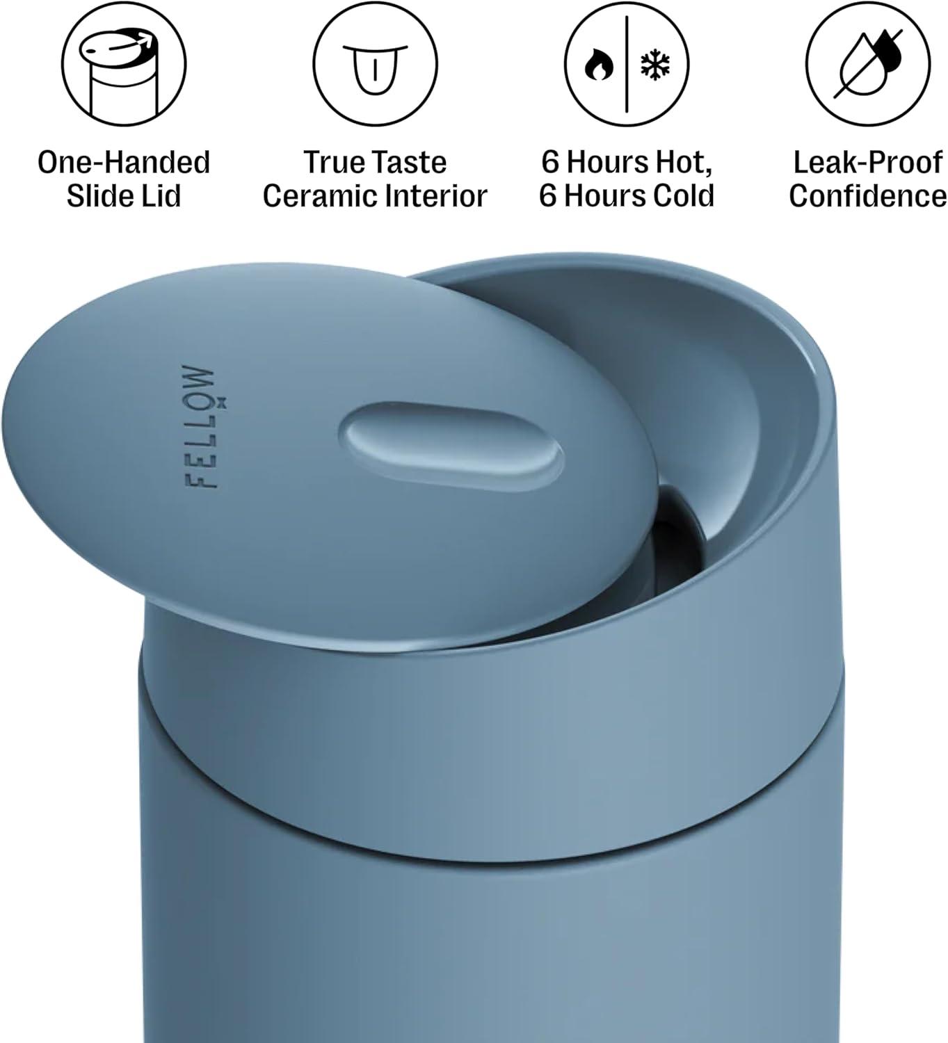 image:imageFellow 16 oz Carter Slide Travel Mug OneHanded Slide Lid Vacuum Insulated Stainless Steel Tumbler with Ceramic Interior for Hot and Cold Drinks LeakProof and Dishwasher Safe Matte WhiteHazy Blue