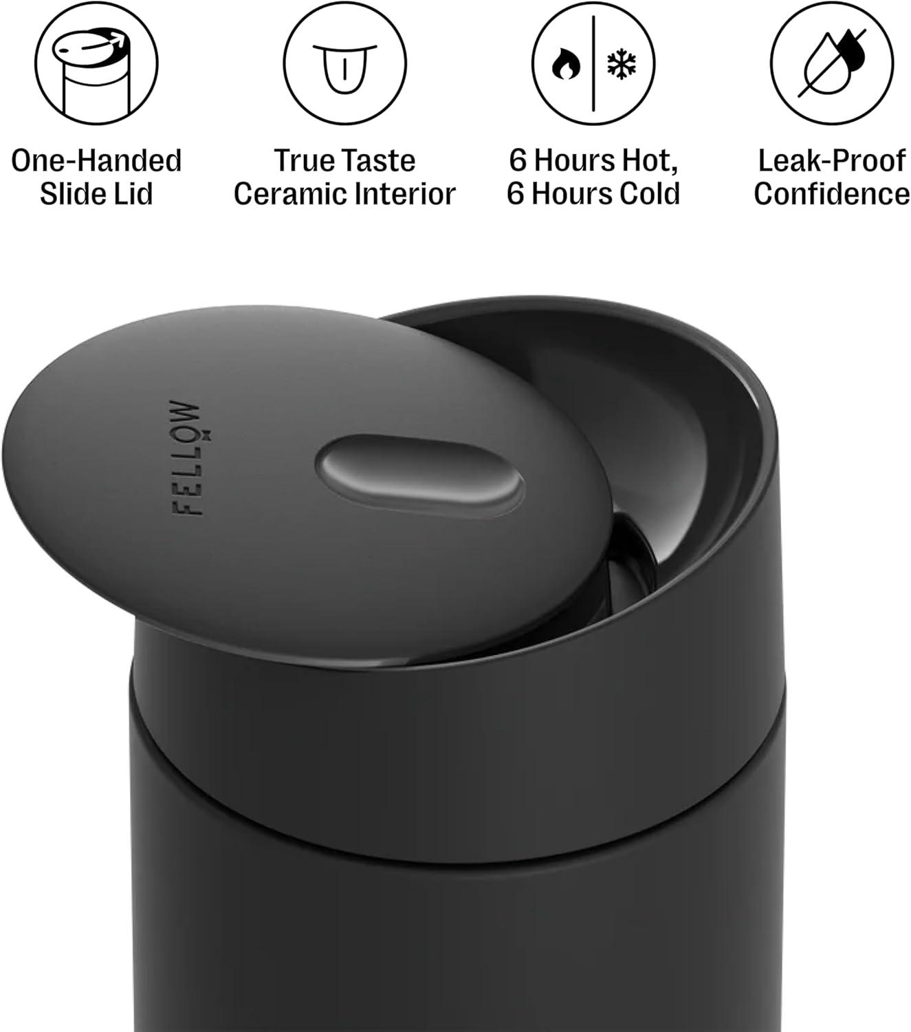 image:imageFellow 12 oz Carter Slide Travel Mug OneHanded Slide Lid Vacuum Insulated Stainless Steel Tumbler with Ceramic Interior for Hot and Cold Drinks LeakProof and Dishwasher Safe Desert RoseMatte Black