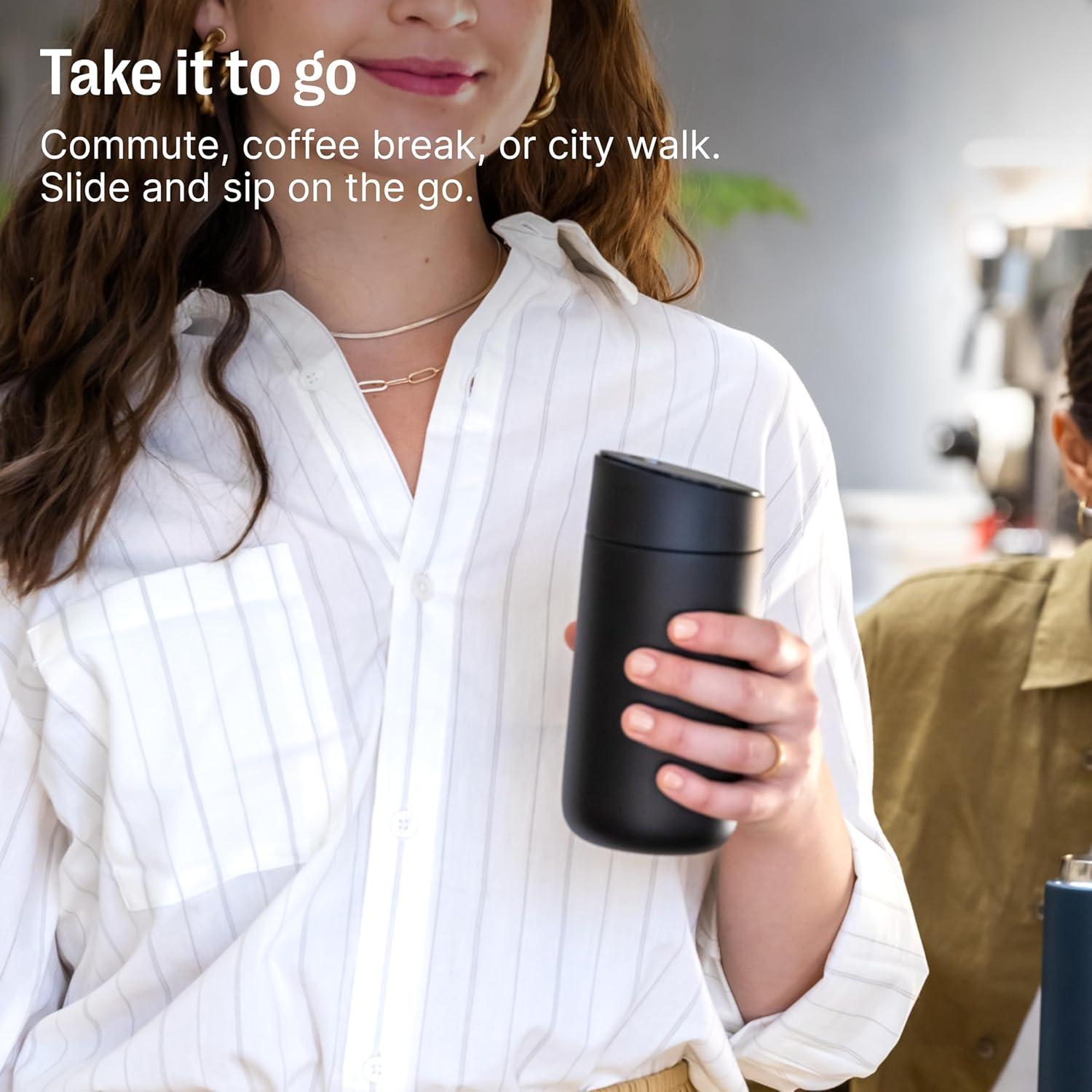 image:imageFellow 12 oz Carter Slide Travel Mug OneHanded Slide Lid Vacuum Insulated Stainless Steel Tumbler with Ceramic Interior for Hot and Cold Drinks LeakProof and Dishwasher Safe Desert RoseMatte White
