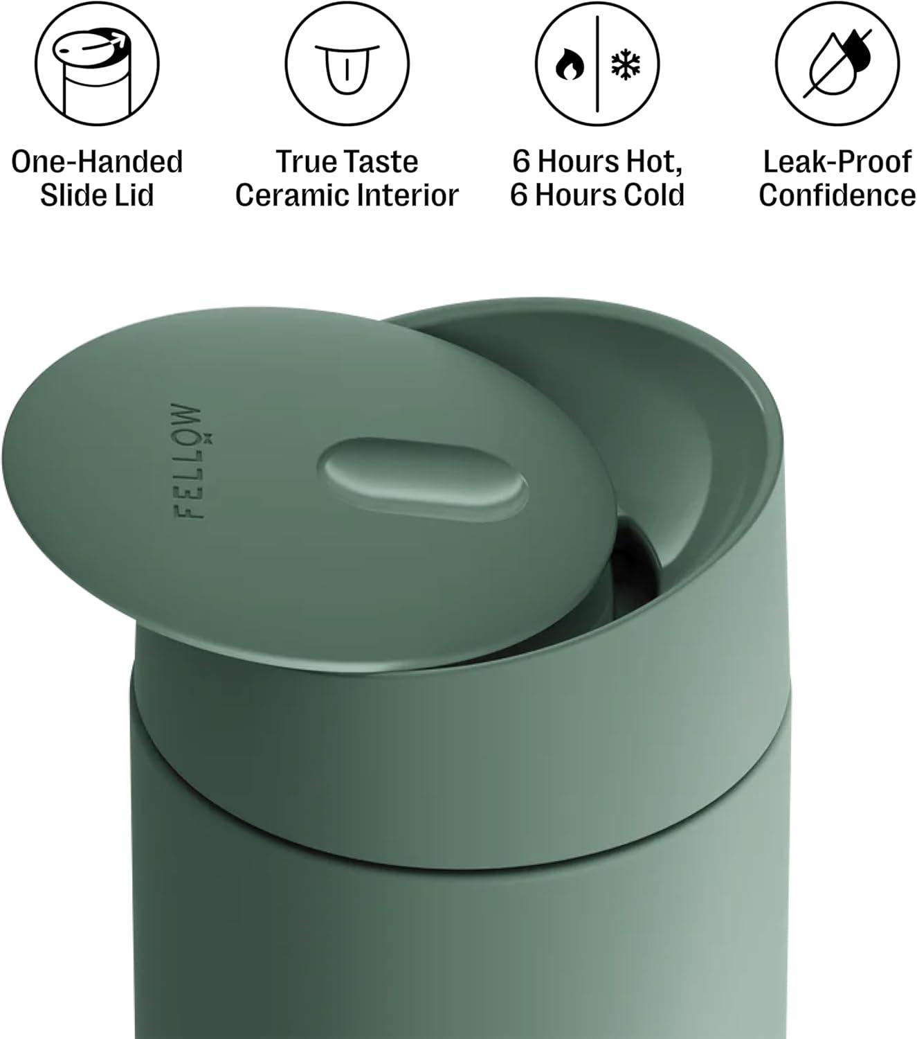 image:imageFellow 12 oz Carter Slide Travel Mug OneHanded Slide Lid Vacuum Insulated Stainless Steel Tumbler with Ceramic Interior for Hot and Cold Drinks LeakProof and Dishwasher Safe Desert RoseSmoke Green