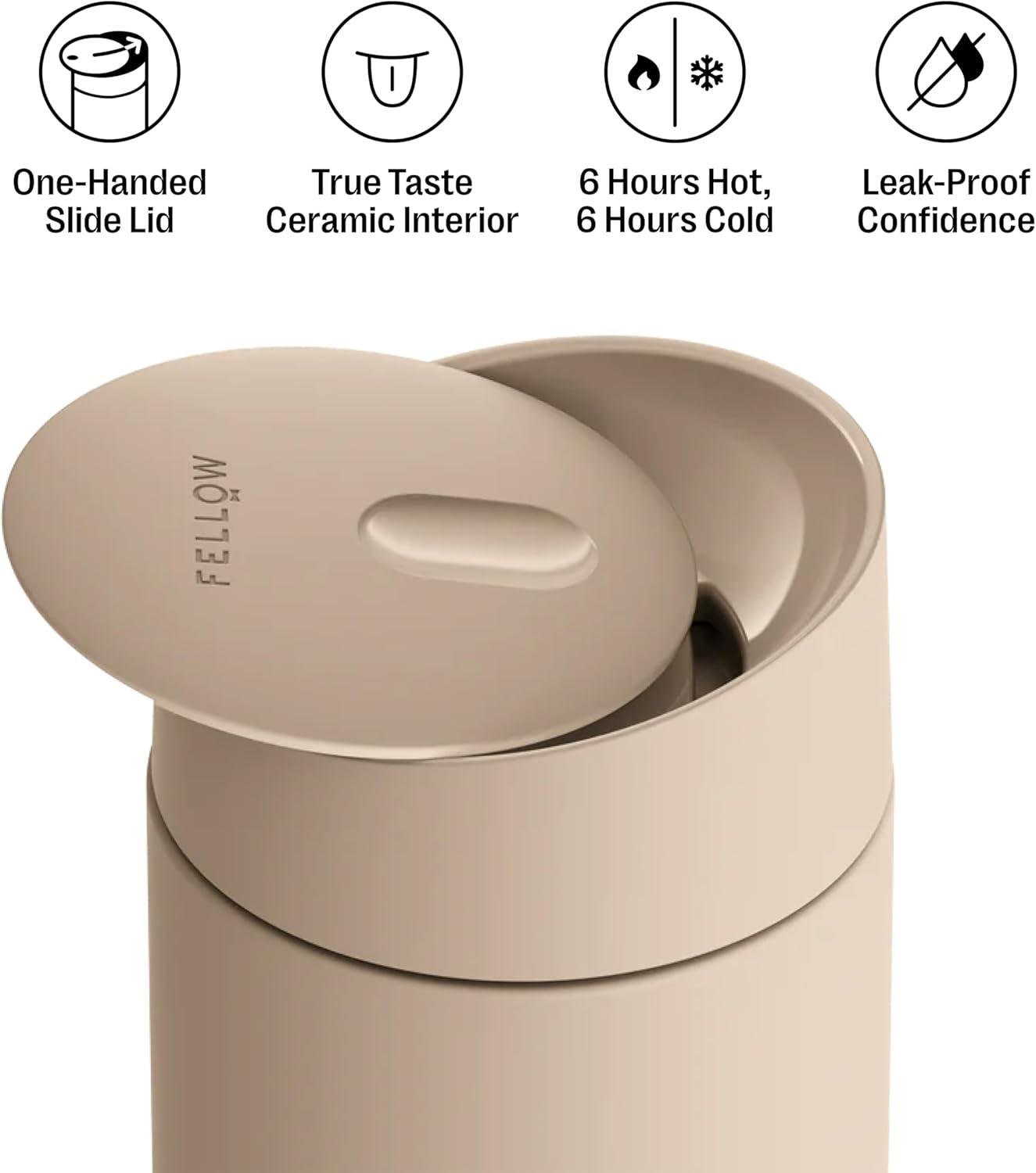 image:imageFellow 12 oz Carter Slide Travel Mug OneHanded Slide Lid Vacuum Insulated Stainless Steel Tumbler with Ceramic Interior for Hot and Cold Drinks LeakProof and Dishwasher Safe Desert RoseSand Dune