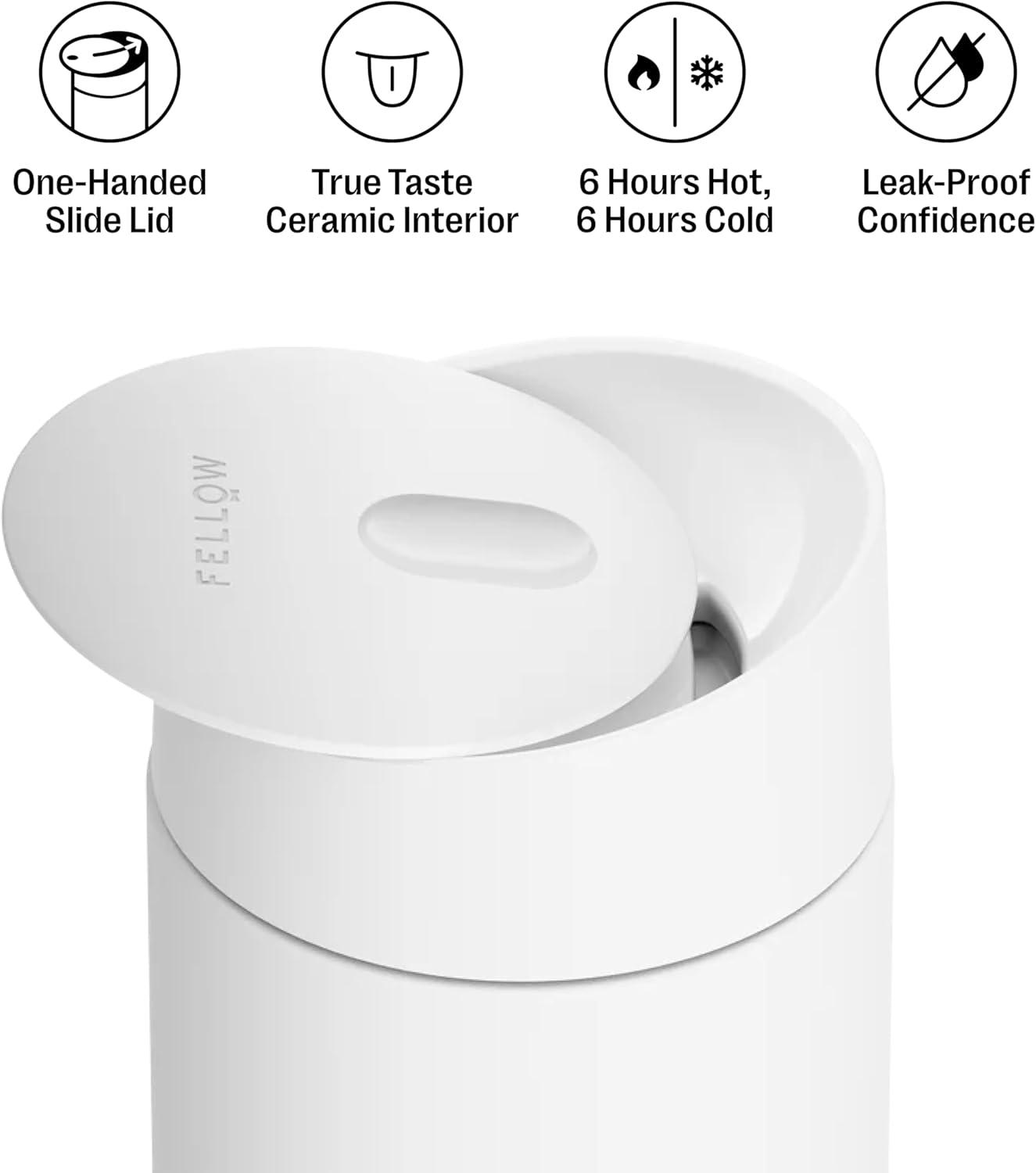 image:imageFellow 12 oz Carter Slide Travel Mug OneHanded Slide Lid Vacuum Insulated Stainless Steel Tumbler with Ceramic Interior for Hot and Cold Drinks LeakProof and Dishwasher Safe Desert RoseMatte White