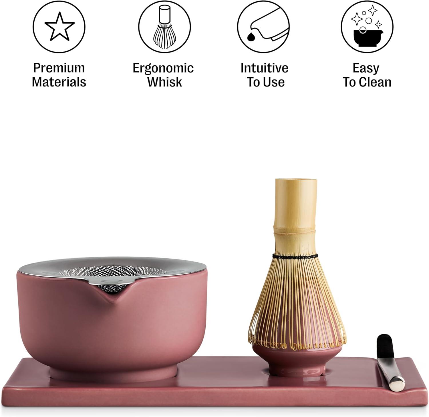 image:imageFellow Matcha Set Complete Matcha Tea Kit with Ceramic Bowl Bamboo Whisk amp Stand Stainless Steel Spoon Sifter amp Tea Tray Desert Rose SetDesert Rose