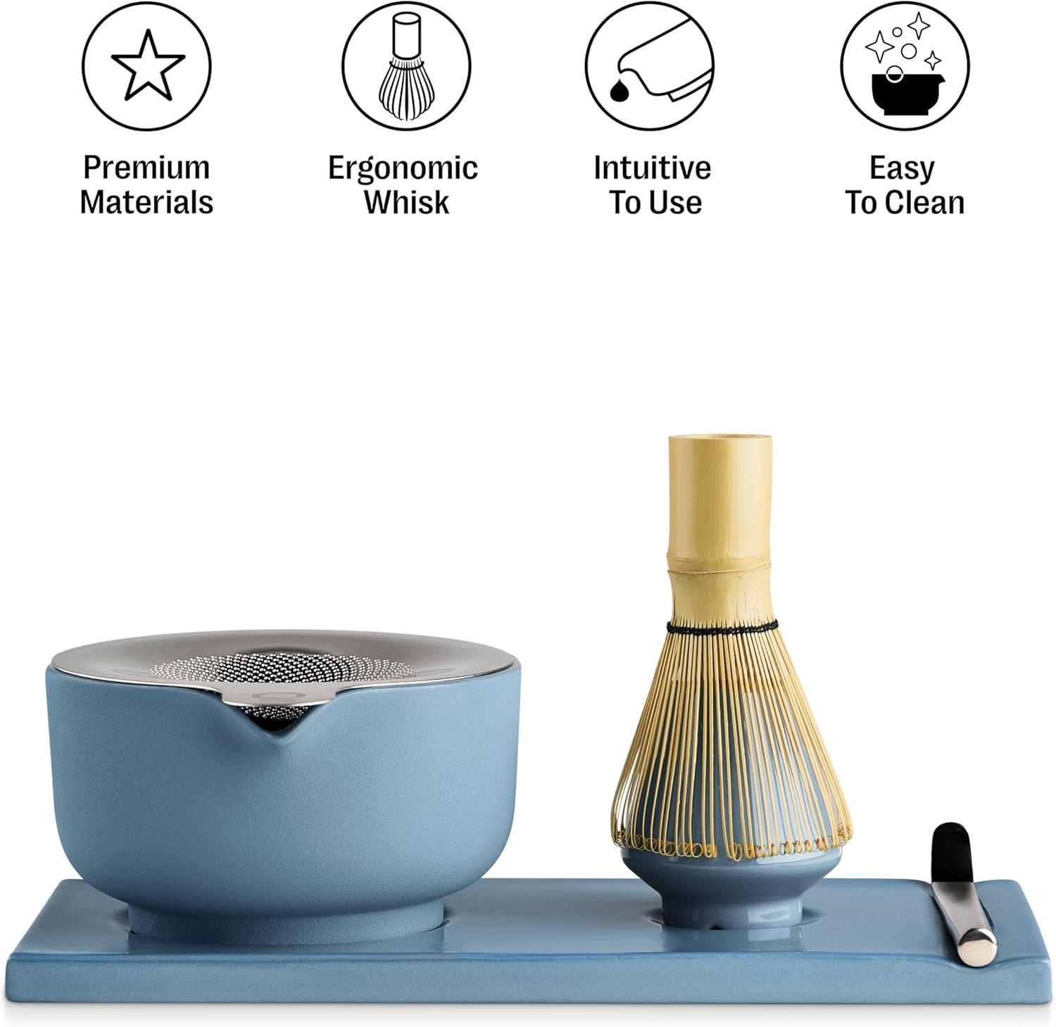 image:imageFellow Matcha Set Complete Matcha Tea Kit with Ceramic Bowl Bamboo Whisk amp Stand Stainless Steel Spoon Sifter amp Tea Tray Desert Rose SetHazy Blue