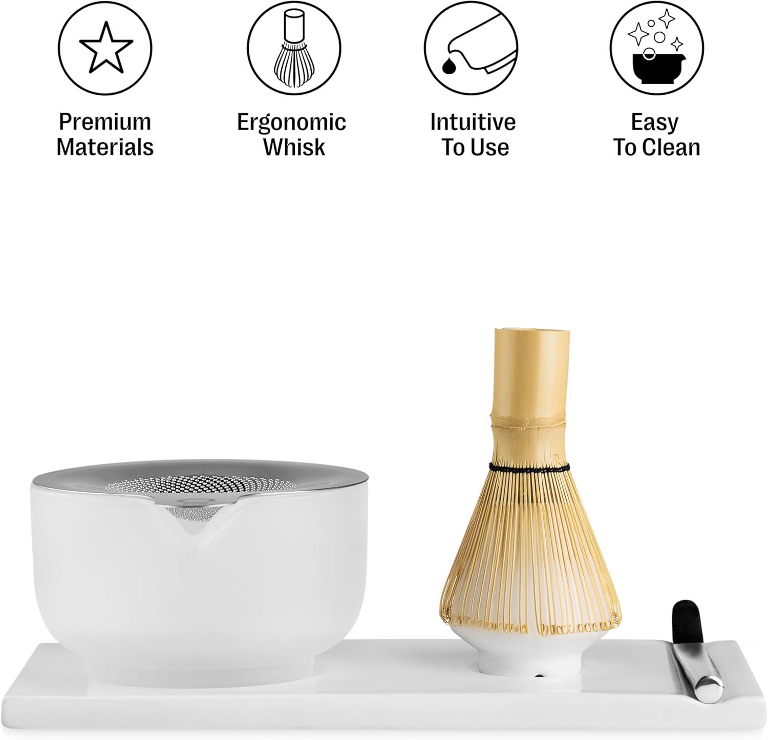 image:imageFellow Matcha Set Complete Matcha Tea Kit with Ceramic Bowl Bamboo Whisk amp Stand Stainless Steel Spoon Sifter amp Tea Tray Desert Rose SetMatte White