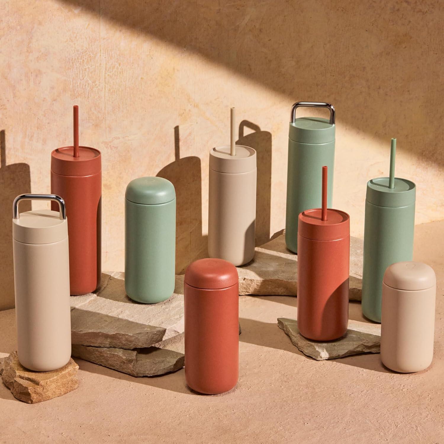 imageFellow Carter Cold Travel 16 oz Iced Coffee Mug Insulated Stainless Steel Iced Coffee Tumbler with Spillresistant Lid and Straw Matte GreySmoky Green