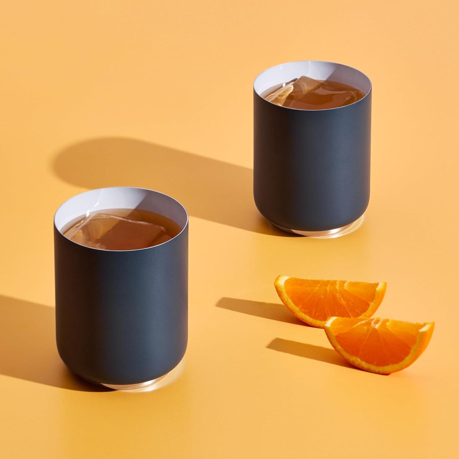 imageFellow Rocky Lowball Cocktail Tumbler 10oz Stainless Steel Vacuum Insulated Tumbler with Ceramic Interior and Pebble Swivel Lid Set of 2 Matte BlackStone Blue