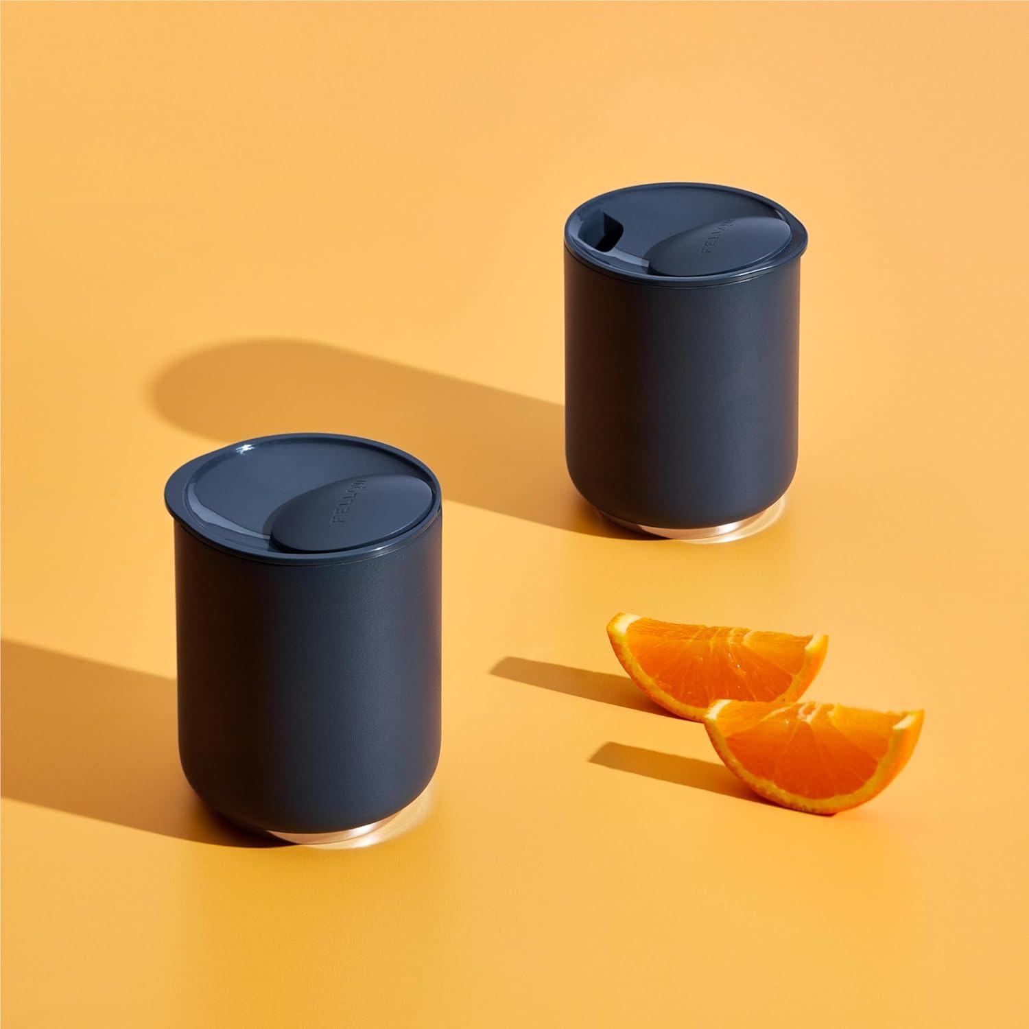 imageFellow Rocky Lowball Cocktail Tumbler 10oz Stainless Steel Vacuum Insulated Tumbler with Ceramic Interior and Pebble Swivel Lid Set of 2 Matte BlackStone Blue 2 Pack