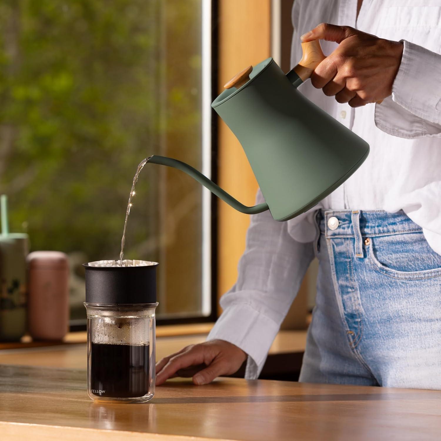 imageFellow Stagg EKG Pro Electric Kettle with Gooseneck Spout Pourover for Coffee and Tea EU Matte BlackSmoky Green With Maple Handle
