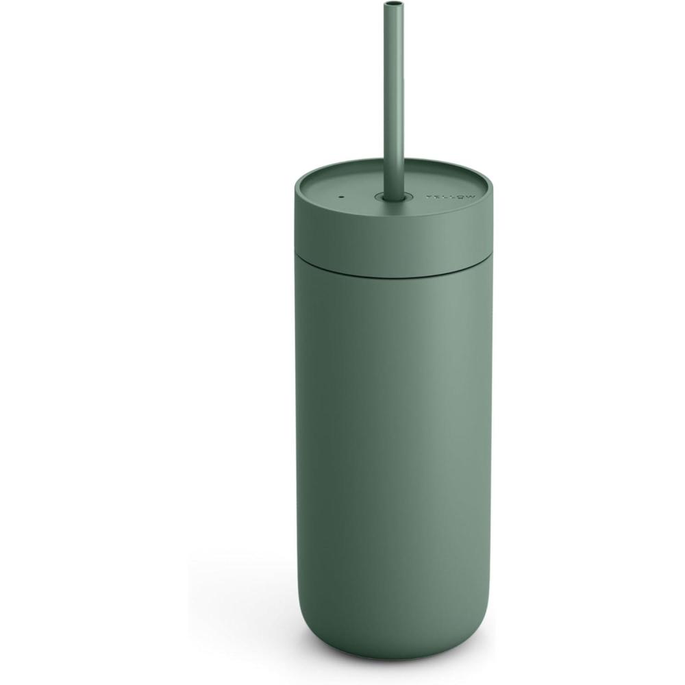 imageFellow Carter Cold Travel 16 oz Iced Coffee Mug Insulated Stainless Steel Iced Coffee Tumbler with Spillresistant Lid and Straw Matte GreySmoky Green