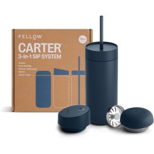 Fellow 3 in 1 Travel Mug with Slide Closure, Move & Cold Lids with Straw – Takeaway Coffee Mug – Ceramic and Stainless Steel Vacuum Insulated Interior – Coffee Cups(Stone Blue)