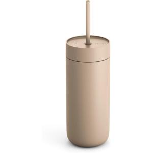 Fellow Carter Cold Travel 16 oz Iced Coffee Mug – Insulated Stainless Steel Iced Coffee Tumbler with Spill-resistant Lid and Straw – Matte Grey(Dune Sand.)