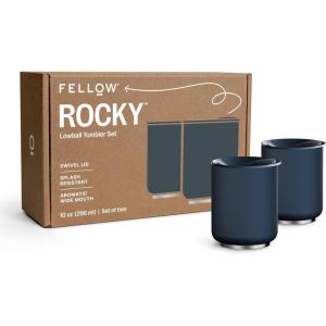 Fellow Rocky Lowball Cocktail Tumbler 10oz Stainless Steel Vacuum Insulated Tumbler with Ceramic Interior and Pebble Swivel Lid – Set of 2 – Matte Black(Stone Blue – 2 Pack)